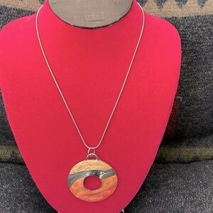 NECKLACE ORANGE PINK SILVER  Circle Necklace 18” Long Chain
